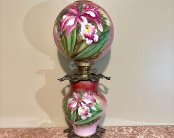 Antique Victorian 1880s Hand Painted Magenta Pink Orchid Parlor Gone With the Wind Karosene Lamp Signed Wired