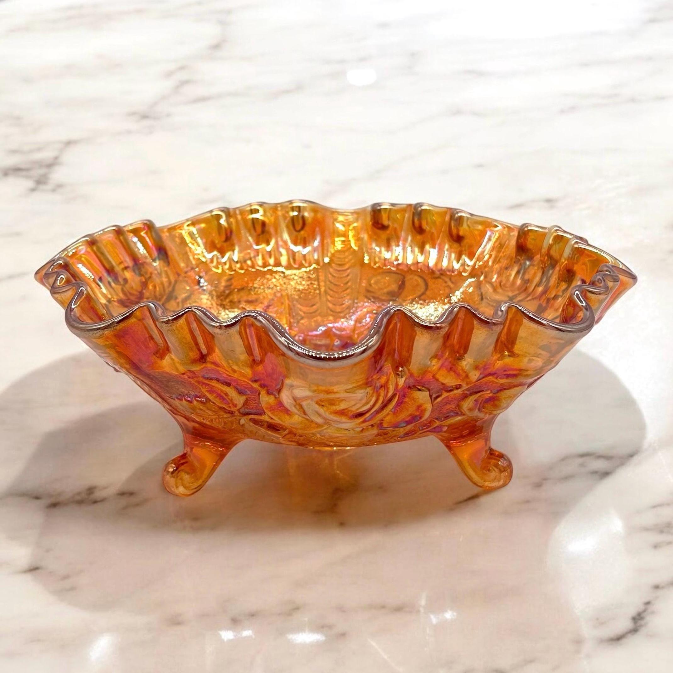 Vintage IMPERIAL Carnival Glass Marigold Lustre Rose Iridescence Centerpiece bowl, 8" Ruffled Bowl Tri Footed Design
