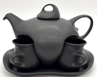 RARE! Peter Saenger Modernist Surrealist Art Nesting Teapot Set Captain Picard Star Trek Mat Black