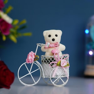 Elegante regalo di orsacchiotto bianco a forma di ciclo / Decorazione romantica con petali di rosa / Perfetto per momenti speciali / Anniversario San Valentino, ricordo unico