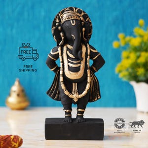 Black & Golden Polyresin Handcrafted Standing Lord Ganesha Statue, Antique Showpiece Collectible Sculpture, Hindu God Idol, Traditional Gift