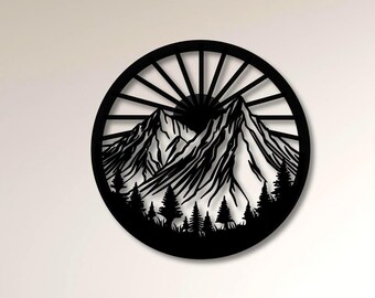 Metal Wall Decor , Metal Artwork Mountain Wall Art, Black Metal Wall Art, outdoor Metal Art, Forest Wall Art 19 inch