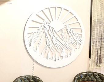 Metal Wall Decor, 38.5'' Metal X-Large Artwork Mountain Wall Art,  White Metal Wall Art, Outdoor Metal Art, Forest Wall Art