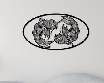 Koi Fish Metal Wall Art, Japanese Decor, Ying Yang Wall Art, Housewarming Gift, Living Room Decor, Fish Wall Decor, Minimalist Decor 19 inch