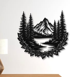 Decorazione da parete in metallo, opera d'arte in metallo, arte da parete di montagna, arte da parete in metallo nero o bianco, arte da parete in metallo per esterni, arte da parete con foresta