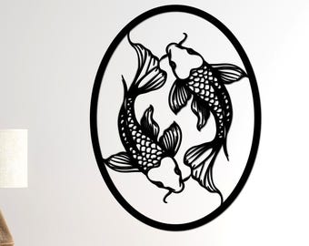Koi Fish Metal Wall Art – Japanese Yin Yang Decor, Minimalist Zen Wall Hanging, Oriental Fish Artwork for Living Room & Home 27 inches