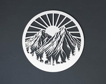Metal Wall Decor, X-Large Artwork Mountain Wall Art , 38'' White Metal Wall Art, Outdoor Metal Art, Forest Wall Art