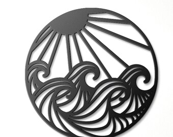 Metal Wall Art, Coastal Metal Decor, Round Beach Wall Hanging, Sun and Waves  Steel Art, Outdoor Indoor Nautical Decor