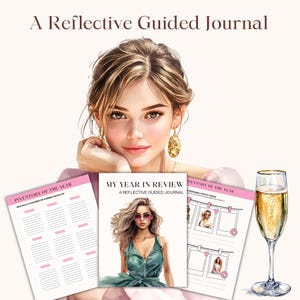 Op de afbeelding: Een roze en wit geleid dagboek met de titel "My Year in Review: A Reflective Guided Journal". Het dagboek heeft een roze achtergrond met een witte rand en een witte illustratie van een vrouw met een zonnebril. Het dagboek wordt omringd door andere pagina's uit het dagboek, waaronder een pagina met de titel "Inventory of the Year" en een pagina met de titel "Exceptional Photos Taken".