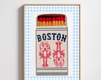 May include: A vintage-style matchbox with a red and white gingham background. The matchbox is labeled "BOSTON" in blue lettering and features two red lobsters on a white background.