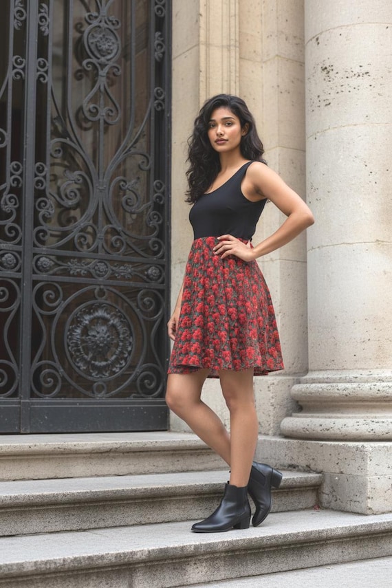 Red Rose Floral Skater Dress: Women's Casual Travel Clothing