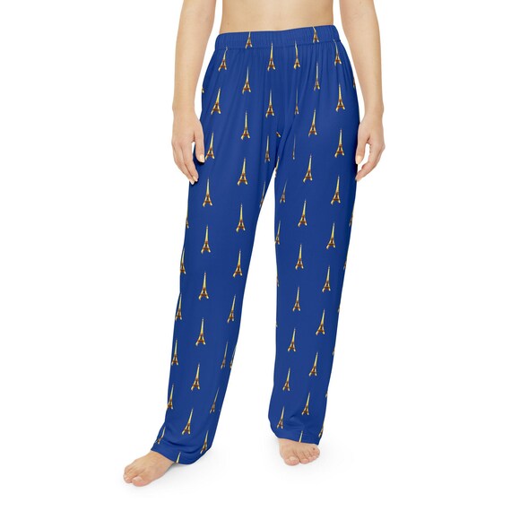 Paris Icon Women s Pajama Pants Glowing Gold Eiffel Tower Lounge Pant Blue Background Sleepwear Casual French Fashion Apparel Loungewear Etsy UK