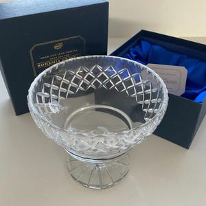 Vintage Bohemia Hand Cut Lead Crystal Pedestal Bowl. Heavy Deep Classic Diamond Pattern Crystal Bowl in Original Box. Made in Czechoslovakia