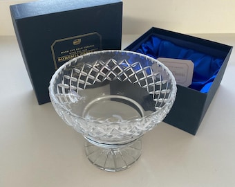 Vintage Bohemia Lead Crystal Pedestal Bowl. Hand Cut Diamond Pattern. Original Box