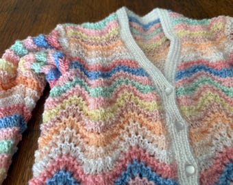 NEW Hand Knitted Children’s Cardigan - Size 4. Pastel Wavey Stripes, Button Up Front. Girls Sweater