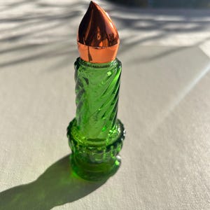 Vintage Green Glass Candle Avon Perfume Bottle with Red Flame Lid. 1970s Avon Collectable