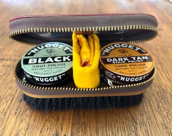 Vintage Shoe Polishing Kit. Zippered Case. Black & Brown Nugget Tins