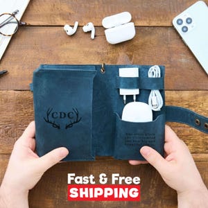 Personalized Leather Travel Tech Bag: Custom Cable Organizer and Gadget Pouch for Accessories