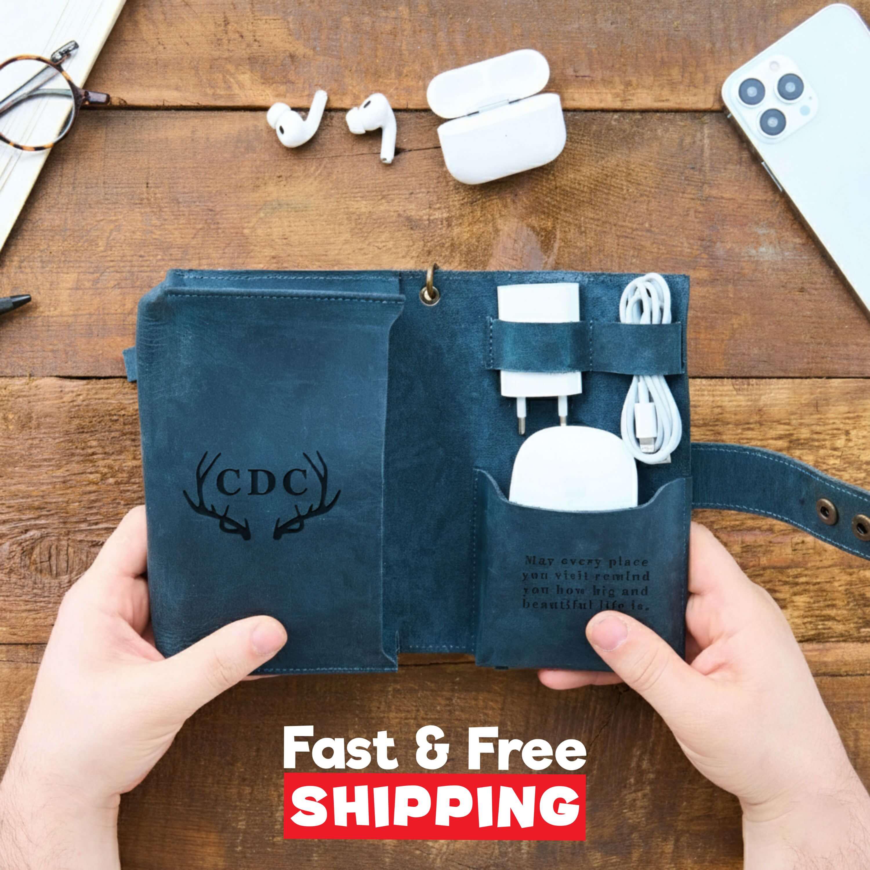 Personalized Leather Cable Organizer, Travel Tech Case, Charger Holder