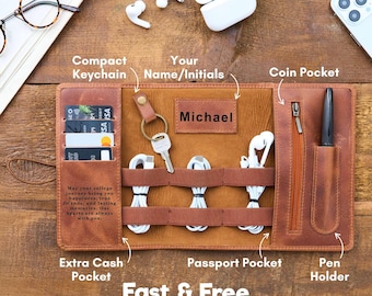 Personalized Leather Cable Organizer: Custom Tech Pouch and Travel Cord Holder Gift