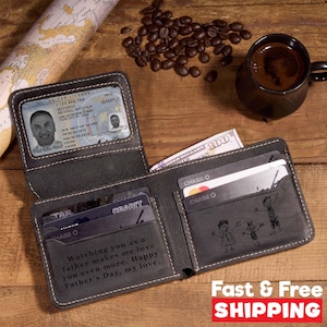 May include: A dark brown leather bifold wallet featuring a clear ID window with a driver license, multiple card slots, and an engraved message that reads: Watching you as a father makes me love you even more. Happy Father's Day, my love.