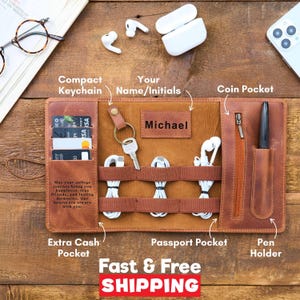 Personalized Travel Tech Case Gift for Mom, Dad, Son, or Daughter: Leather Cable Organizer