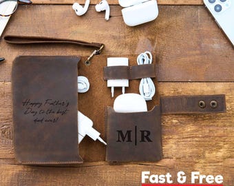 Personalized Father's Day Tech Cable Organizer: Monogrammed Father Day Gift, Custom Technology Accessories Holder Gift for Him, Gift for Men