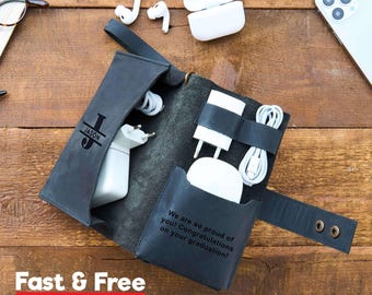 Personalized Graduation Gift for College, Law, or PhD Class of 2026: Leather Cable Organizer