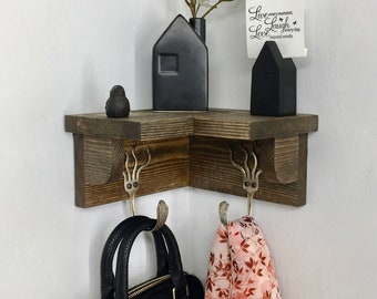 2 Funky Fork Hooks Coat Rack with Corner Shelf Recycled Silverware 8 Inches