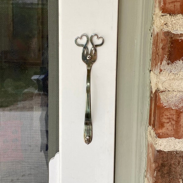 Doppelherz Gabel Türgriff Schrankgriff Vintage Silberplatte Besteckkunst Handwerker Hand auf Bestellung gebogen