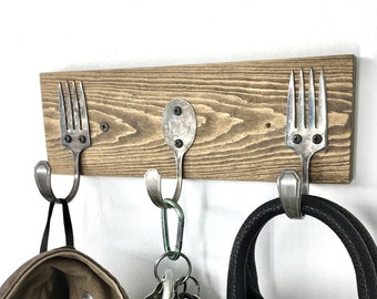 Forks and Baby Spoon Coat Rack Recycled Silverware 11 Inches Long Any Color Solid Wood Vintage Flatware Wall Hanging Hooks for Keys Oven Art