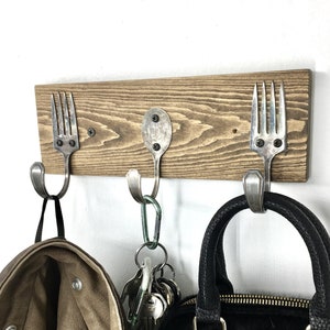 Forks and Baby Spoon Coat Rack Recycled Silverware 11 Inches Long Any Color Solid Wood Vintage Flatware Wall Hanging Hooks for Keys Oven Art