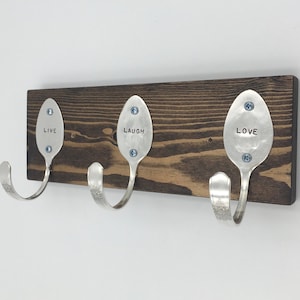 Live Laugh Love Stamped Spoon Hooks Coat Rack Recycled Silverware Art Wall Hanging Garment Hanger Silver Plated Coffee Mug Apron Oven Mitts
