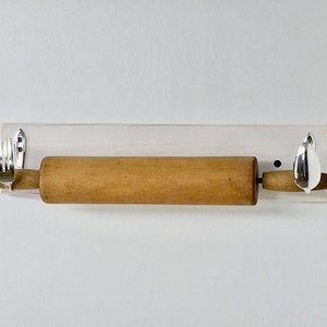 Antique Spoon and Fork Hooks for Holding Rolling Pin mounted on solid wood made out of Recycled Silverware