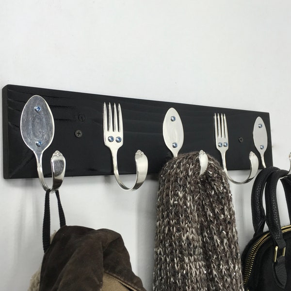 Spoon and Fork Coat Rack in any color 5 Hooks Recycled Silverware Art Wall Hanging Garment Hanger Silver Plated Coffee Mug Apron Oven Mitts