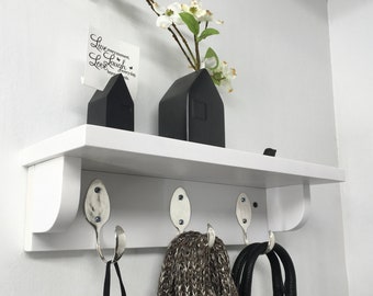 3 Spoon Hooks Coat Rack with Shelf in Any Color Finish Recycled Silverware