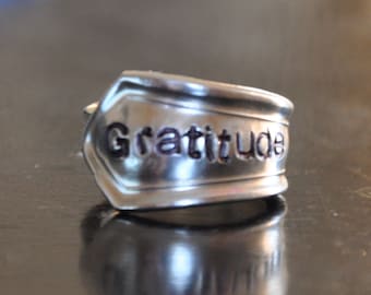 Gratitude Stamped Spoon Ring Vintage Reclaimed Silverware Jewelry