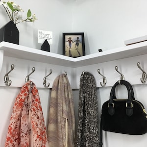 Corner Shelf with 8 Double Garment Hooks 20 Inch Rack in any Color Finish Wall Storage Coat Hanger Organizer Modern Home Decor Custom Design