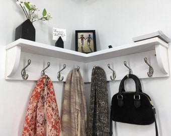 Corner Shelf with 8 Double Garment Hooks 20 Inch Rack in any Color Finish Wall Storage Coat Hanger Organizer Modern Home Decor Custom Design