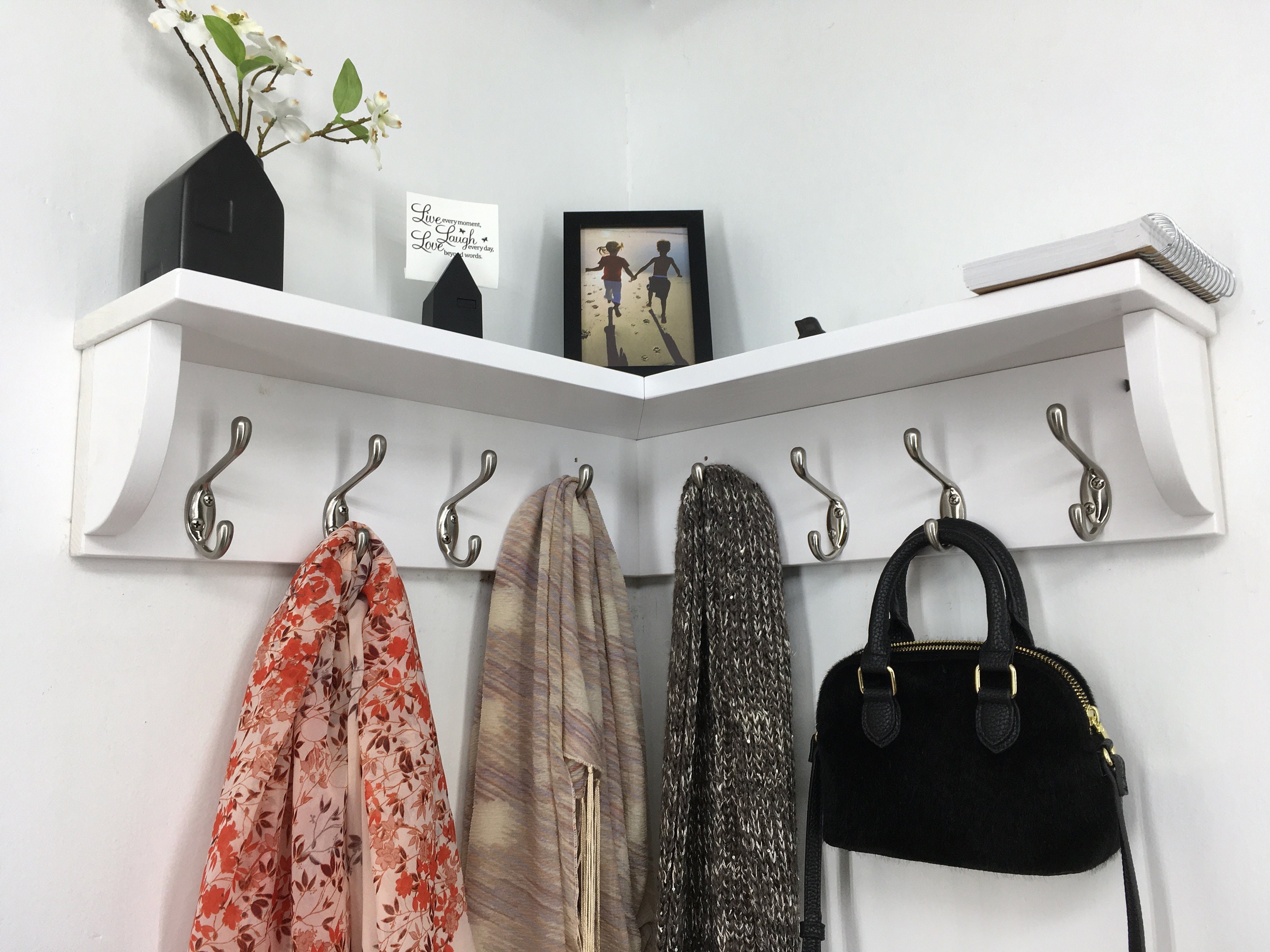 Corner Shelf With 8 Double Garment Hooks 20 Inch Rack in Any Color Finish Wall  Storage Coat Hanger Organizer Modern Home Decor Custom Design 