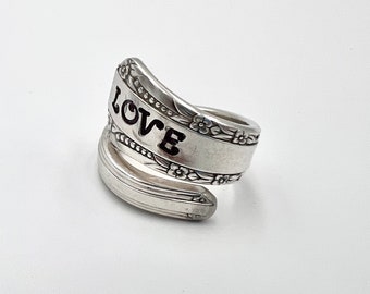 Spoon Ring Custom Name Word Stamping Spiral Vintage Silverware Jewelry Pick a size LOVE Handmade Personalized Engraving Made To Order Gift