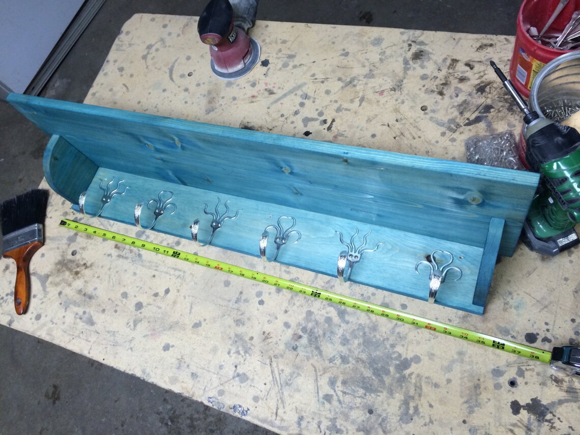 6 Fork Hook Coat Rack With Solid Wood Shelf in Any Color Finish ...