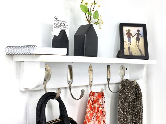 Coat Rack Shelf With Recycled Silverware Hooks Storage Hanging Hooks Spoon  Fork Knife 26 Inches Long 