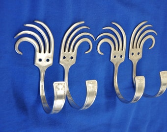 4 Vintage Wave Fork Hooks Set Matching Dinner Forks Functional Wall Art Decor Silver Chic Design DIY