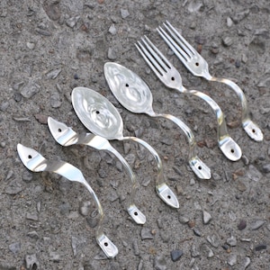 Set of 6 Silverware Door Pulls Forks Knives Spoons Cabinet Hardware Silverware Art Vintage Reclaimed Kitchen Remodel Upcycled Flatware DIY