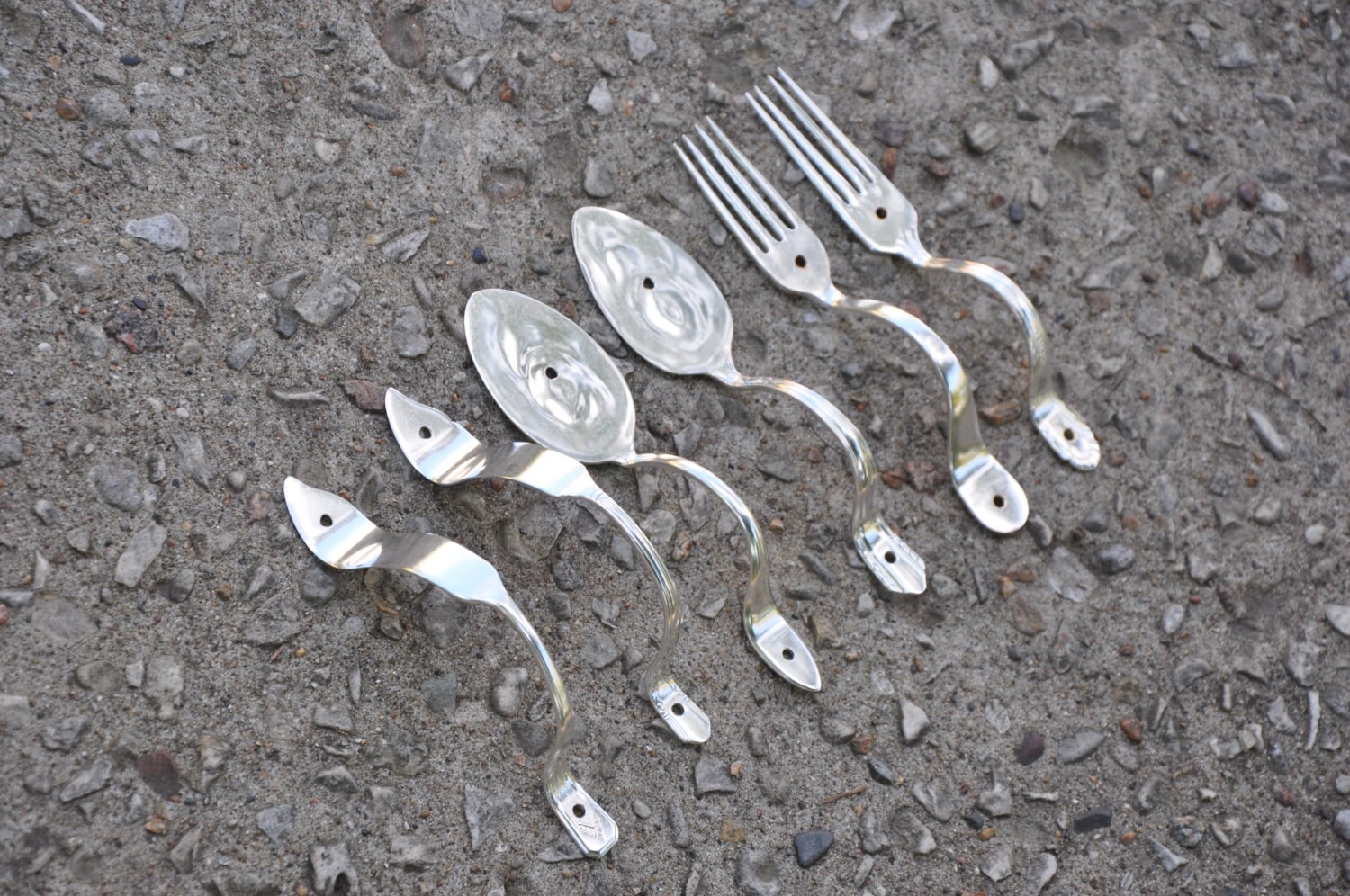 Set of 6 Silverware Door Pulls Forks Knives Spoons Cabinet Hardware Silverware Art Vintage Reclaimed Kitchen Remodel Upcycled Flatware DIY