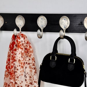 BEAUTIFUL Coat Rack with 5 Hammered Soup Spoons Recycled Silverware 21 inches long