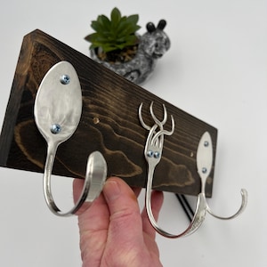 Vintage Flatware Hooks Rack with 2 Teaspoons and a Style 008 Fork Hook Recycled Silverware Functional Wall Art 10" Long