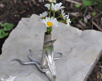 Funky Fork Bud Vase Vintage Reclaimed Silverware Handmade with Fire and Solder Polished or Tarnished Scuplture Flower Table Decor Setting