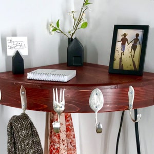 Beautiful 10 Hook Quarter Round Corner Shelf made from Recycled Silverware and Reclaimed Wood